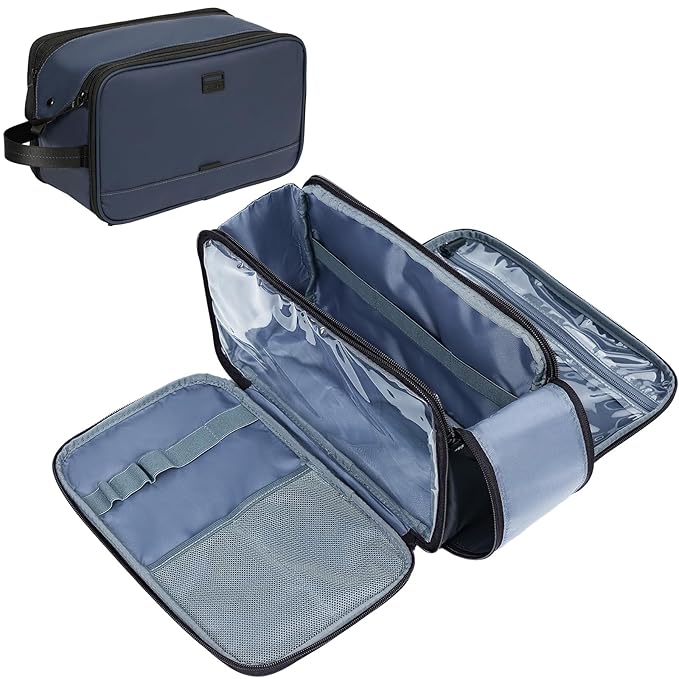 ZEEMO Travel Toiletry Bag for Men, Large Water-Resistant Double-Sided Full-Open Dopp Kit, Versatile Organizer for Shower and Hygiene Accessories, Bathroom Essentials, Cosmetics, Blue