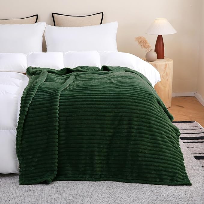 Dark Green Fleece Throw Blanket 50”×70” for Couch Sofa Bed,Super Soft Cozy Plush Microfiber Flannel Blanket with Stripes Design Lightweight for Adults,Woman,Girls