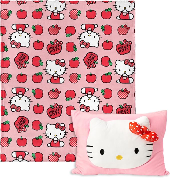 Northwest Sanrio Hello Kitty Forever Sweet Silk Touch Throw Blanket 50" x 60" with 3D Plush Pocket Pillow 14" x 20" – Comfy Hello Kitty Plush Blanket and Pillow Set