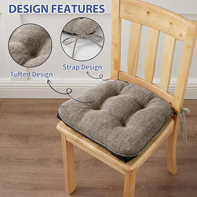 Chair Cushions for Dining Chairs Set of 6, Kitchen Chair Cushions, Chair Pads with Ties and Non Slip Backing, Tufted Memory Foam Seat Cushion 6 Pack, 15.5" x 15.5" x 4", Khaki