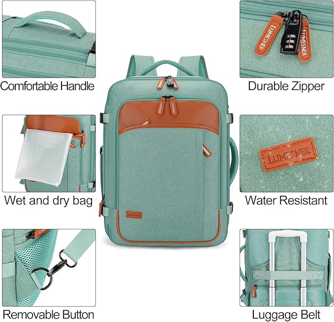 Lumesner Carry on Travel Backpacks, Extra Large 40L Flight Approved Bag for Men & Women,Expandable Suitcase Backpack With 4 Packing Cubes,Water Resistant Luggage Daypack Business Weekender Bag, Green