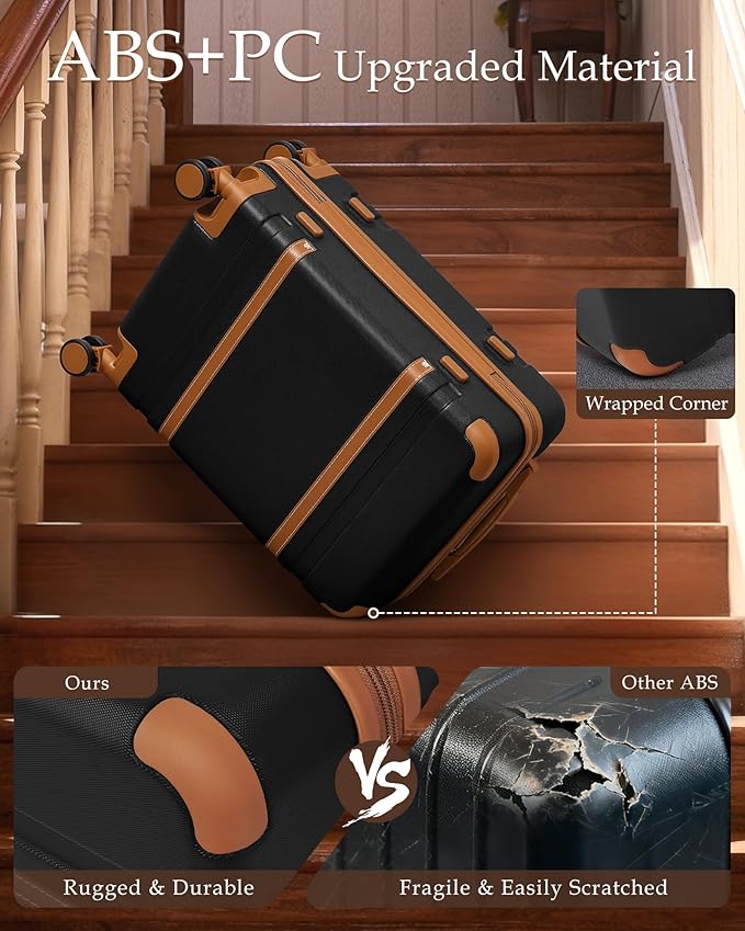 LONG VACATION Luggage Sets 5 Piece, Suitcases With Wheels, PC+ABS Hardshell Luggage Set with Spinner Wheels, TSA Lock (Black Brown)