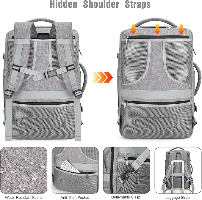 Tzowla 40L Expandable Travel Laptop Backpack for Men Women Carry on Flight Approved,Large Capacity Anti Theft Backpacks with Giant Tumbler Holder Pocket,Personal Item Bag Fit 17.3" Computer（Grey