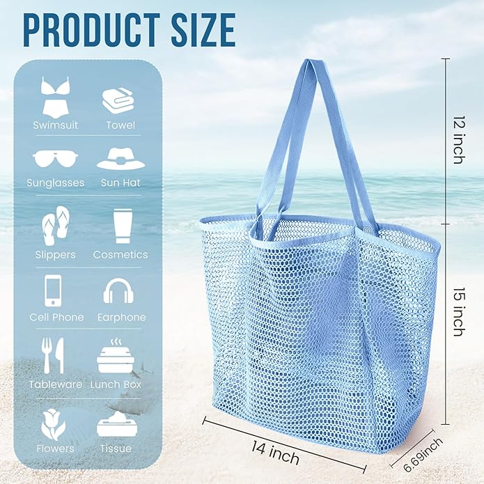 Beach Bags for Women, Summer Travel Mesh Tote Bag with Large Inner Pocket, Sandproof Woven Shoulder Handbag