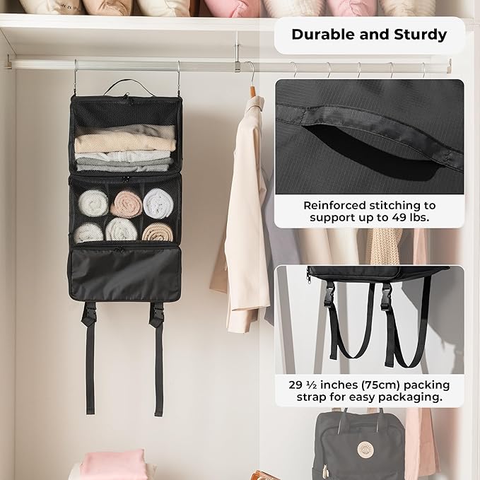 GRANNY SAYS Hanging Packing Cubes for Travel, Large Portable Hanging Suitcase Organizer, Foldable Compression Luggage Organizer Bags for Clothes, Carry on Closet Suitcase, XL-Black Travel Shelves