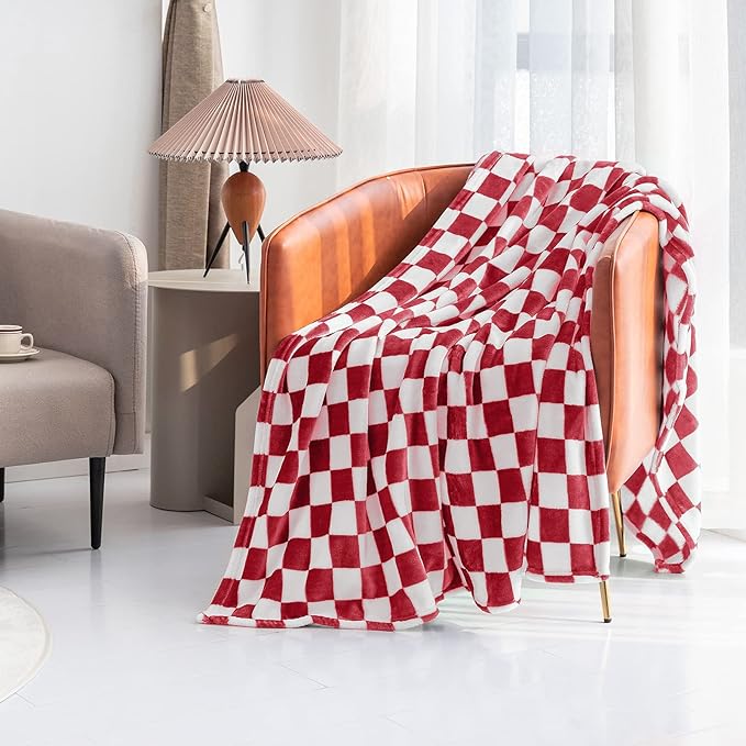 LOMAO Throw Blankets Flannel Blanket with Checkerboard Grid Pattern Soft Throw Blanket for Couch, Bed, Sofa Luxurious Warm and Cozy for All Seasons (Red, 40"x60")