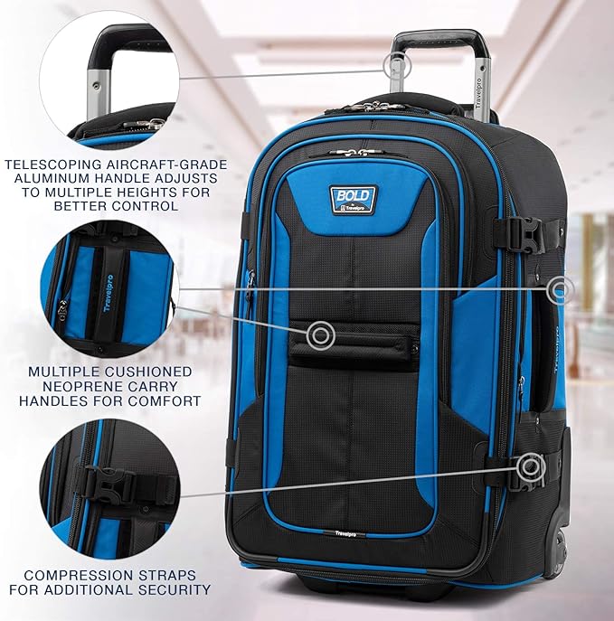 Travelpro Unisex-Adult Bold-Softside Expandable Rollaboard Upright Luggage, Blue/Black, Checked-Medium 25-Inch