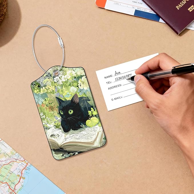 2 Pack PU Leather Luggage Tags for Suitcases, Privacy Protection Cover with Stainless Steel Loop and Address Card, Travel Cruise Essentials (Flower Book Cat)
