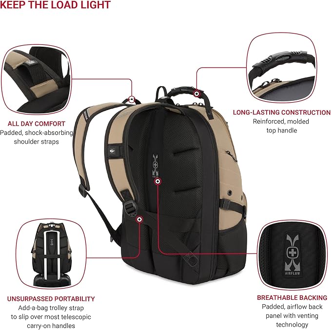 SWISSGEAR 1900 ScanSmart TSA Laptop Backpack Fits 17 Inch Laptop with RFID Protection and Tablet Pocket, Pastel Brown, 19-Inch