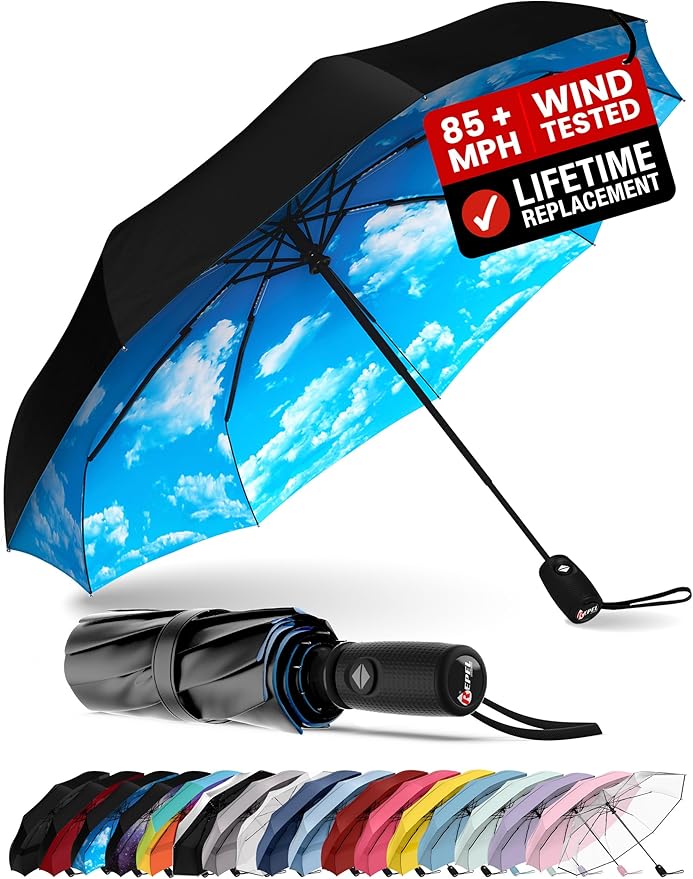 REPEL Windproof Travel Umbrella - Compact & Withstands Winds up to 85MPH , Strongest Premium Auto Folding Umbrella for Rain and Sun - Durable, Light & Portable for Women & Men , Fits Backpack & Cars