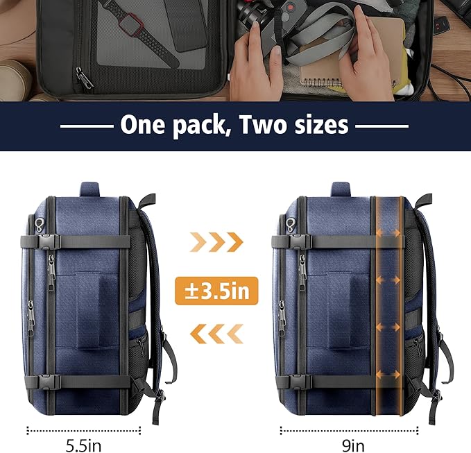 Travelability Carry On Backpack,Expandable 1-7 DAYS Roomy Travel Backpack with USB Cable Port,Anti Theft Water Resistant Fits 18.4"Laptop Large Business Backpack for Men Women,Flights Approve,Blue