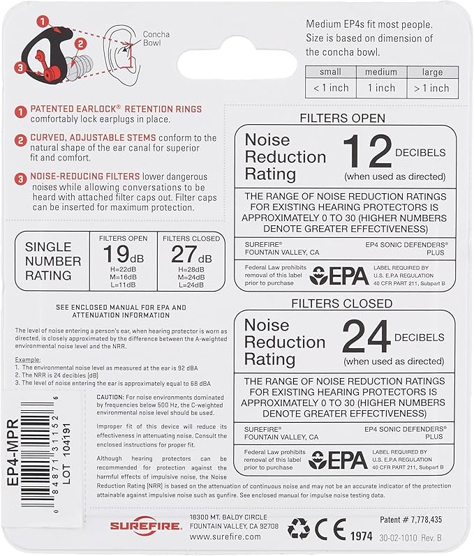 SureFire EP4 Sonic Defenders Plus filtered Earplugs, triple flanged design, reusable, Clear, Medium