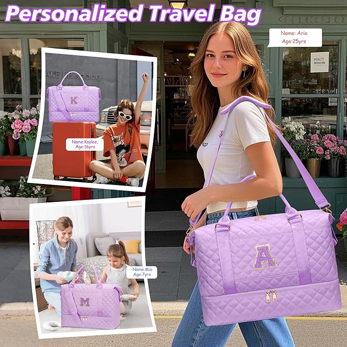Gifts for Teen Girl Initial Travel Duffle Bag Quilted Weekender Bags Carry-On Overnight with Cosmetic Bag, Gym Bag with Shoe Compartment Hospital Bag for Women Labor Delivery, Purple-A