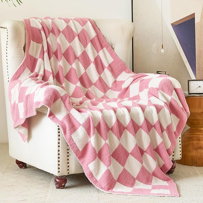 Checkered Blanket, Cozy Soft Throw Blankets for Couch Bed, Fluffy Plaid Lightweight Comfy Travel Picnic Blanket Gifts for Sofa Chair Living Room Camping (Checkered Pink, Twin 60"x80")