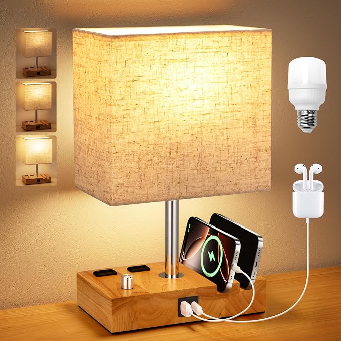 Wood Grain Table Lamp for Bedroom, Stepless Dimmable, USB C+A, 2 AC Outlets | Dimming By Rotary Knob, USB C+A Ports, 2 Phone Stands, LED Bulbs Included, Rectangle Beige Lampshade, for Living Room, Desk