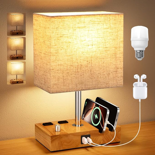 Wood Grain Table Lamp for Bedroom, Stepless Dimmable, USB C+A, 2 AC Outlets | Dimming By Rotary Knob, USB C+A Ports, 2 Phone Stands, LED Bulbs Included, Rectangle Beige Lampshade, for Living Room, Desk