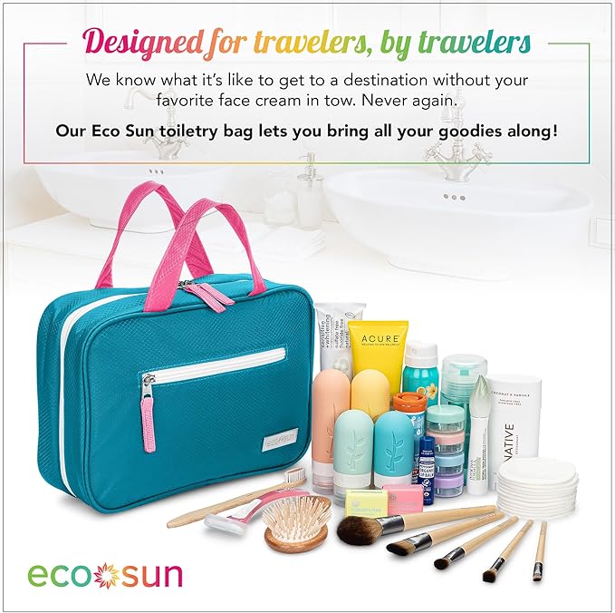 Eco Sun Hanging Travel Toiletry Bag — Designed in Hawaii — Water-Resistant Travel Organizer for Bathroom Accessories (Teal/Hot Pink)