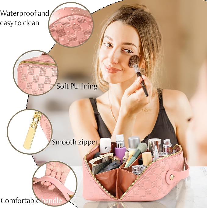 Large Capacity Travel Cosmetic Bag - Portable Makeup Bags for Women Waterproof PU Leather Checkered Makeup Organizer Bag with Dividers and Handle,Toiletry Bag for Cosmetics