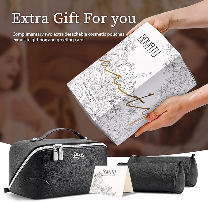 BOYATU Travel Makeup Bag Cosmetic Bags for Women: 3 Pcs Set Large Capacity Make up Bag with Handle - Waterproof Vegan Leather Toiletry Bags Travel Essentials with Compartments(C-2-Black)