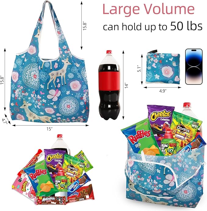 6 Pack Reusable Grocery Bags Heavy Duty with Handles, Reusable Shopping Bags for Women, Foldable, Washable for Store, Travel