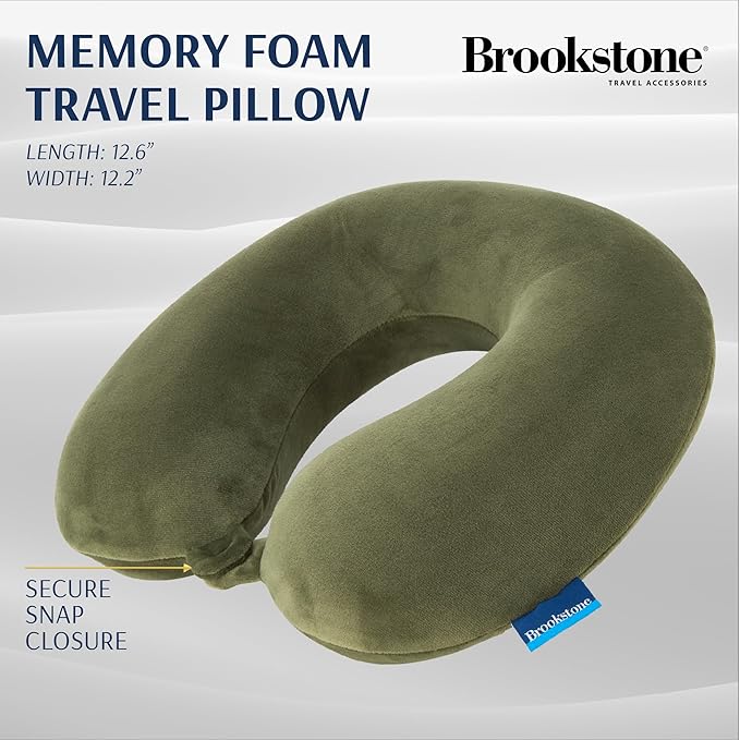 Brookstone Travel Neck Pillow - Lightweight Fleece Casing U-Shaped Stuffable Memory Foam Travel Pillow for Sleeping and Neck Support, Olive