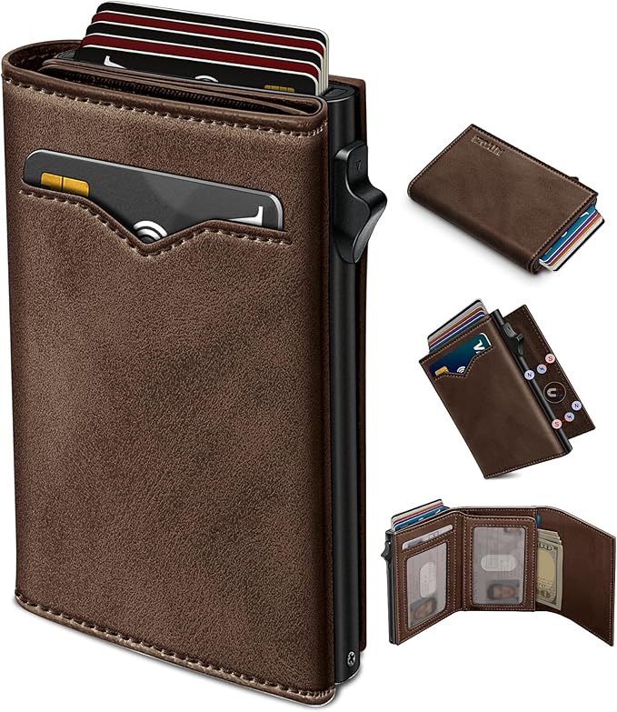 miyozi Wallet for Men,with Cash Pocket 2 ID Window 9-13 Cards,Metal Case Smart Slim Pop Up Credit Card Holder Flip with Magnetic Closure RFID Blocking Trifold wallet with Gift Box