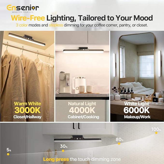 Ensenior 4W Motion Sensor Rechargeable Light Bar, Closet Lights | 2000mAh, Dimmable, Eye-Friendly, 3 Colors CRI85+, Battery Display, Wireless, Remote Control, Magnetic 130° Rotatable,Stick on