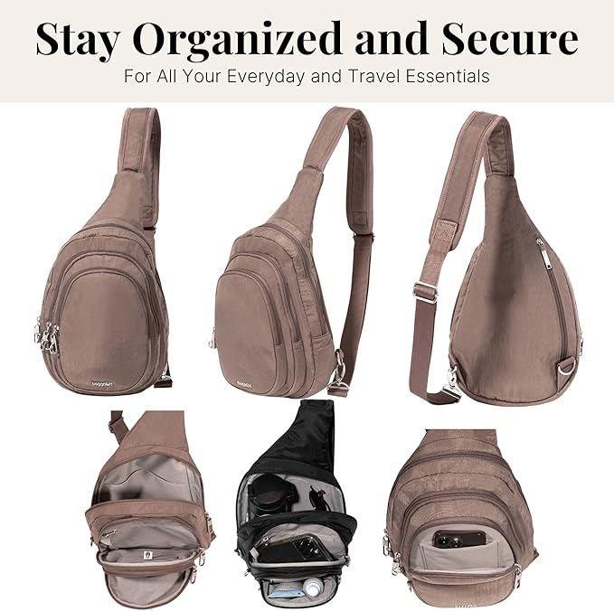 Baggallini Securtex® Anti-Theft Multi Zip Sling - Lightweight 8.6"x15.2" Travel Bag with Locking Zippers & RFID Protection