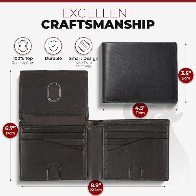 BULL GUARD Mens RFID Blocking Bifold Wallet Smooth Soft Nappa Top Grain Leather, Secure and Durable Extra Capacity Billfold with 11 Credit Card Slots, Tight Stitching, Quick Thumb Push Access, No Logo