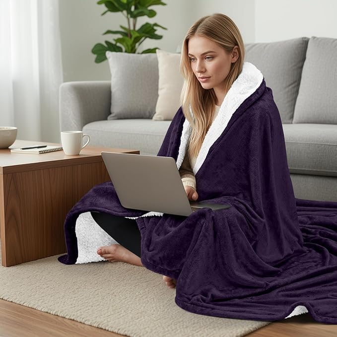 Utopia Bedding Sherpa Blanket Throw Size (Plum, 50x60 Inches) - Soft Lightweight Plush Fleece Reversible Blanket for Bed, Sofa, Couch, Camping and Travel