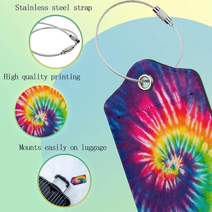 Tie Dye Luggage Tag,Colorful Rainbow Luggage Tags of Set 2 Leather Identifiers Privacy Cover with Stainless Steel Loop for Women Men Travel Bag Suitcase