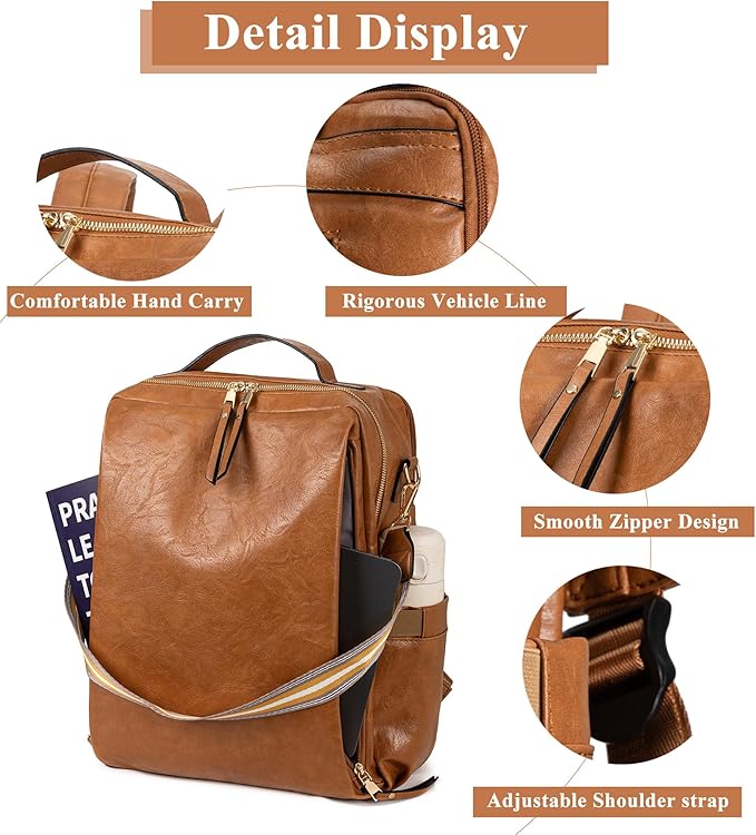 myfriday PU Leather Large Backpack Purse for Women Casual Travel Backpack Convertible Satchel Handbags With Luggage Strap (Brown)