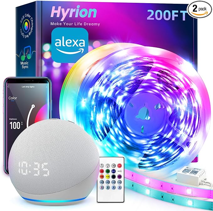 hyrion Alexa LED Strip Lights for Bedroom 200ft, Smart Wireless RGB | Work with Google Assistant, Music Sync, 16 Million Colors lights, App/Remote/Voice control, Perfect for room decor and party