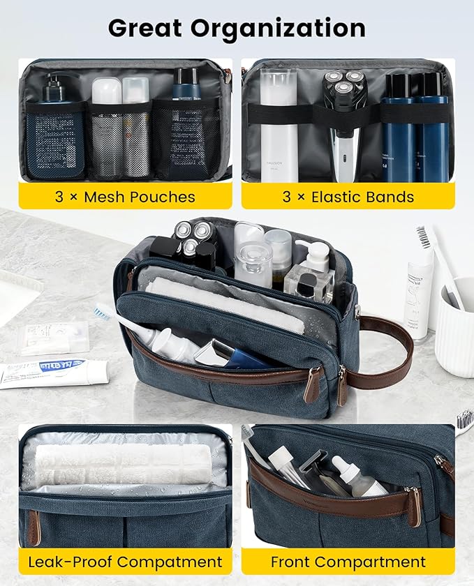Vorspack Canvas Toiletry Bag for Men - Water Resistant Travel Bag for Toiletries, Bathroom Essentials, Accessories - Navy Blue