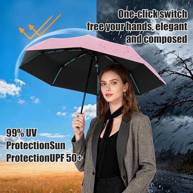 Compact Automatic Folding Travel Umbrella-Windproof Rainproof, PF50+ Sun Protection for Hiking,Outdoor,Chool,Golf Course & Daily Use,Sturdy Multi-Ribbed Frame