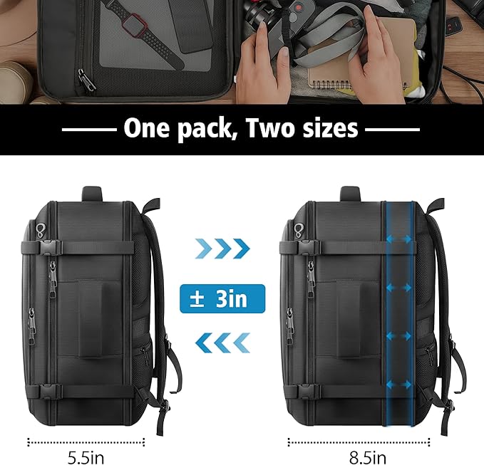 Ample Space Travel Backpack with LifetimeWarranty,Expandable Carry on Backpack with USB Cable Port,Fits 17.3"Laptop Notebook,Water Resistant Weekender Backpack Business Trips,Daily Travel,Black
