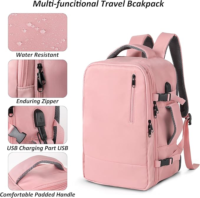 TANTOMI Small Travel Backpack for Women, 15.6 Inch Laptop Backpack Flight Approved, Carry-On Bags with USB Charging Port & Shoe Pouch, Casual Daypack on Airplane for Weekender Work Business, Pink