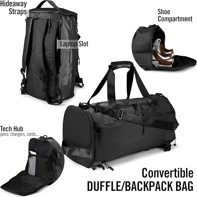 True Religion Convertible Duffel Bag for Travel - Large Gym Backpack for Men and Women, Carry On Weekender Luggage with 16" Laptop Sleeve, Clothes and Shoe Compartment, Overnight Day Carry-On Bookbag
