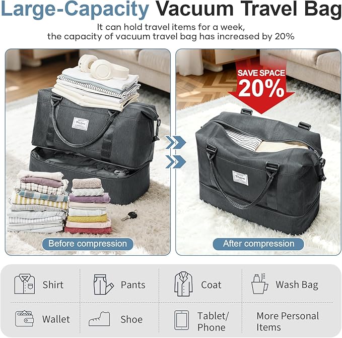 Weekender Bags for Women,Vacuum Overnight Travel Duffel Bag with Compression Pocket & Air Pump, Personal Item Travel Bag