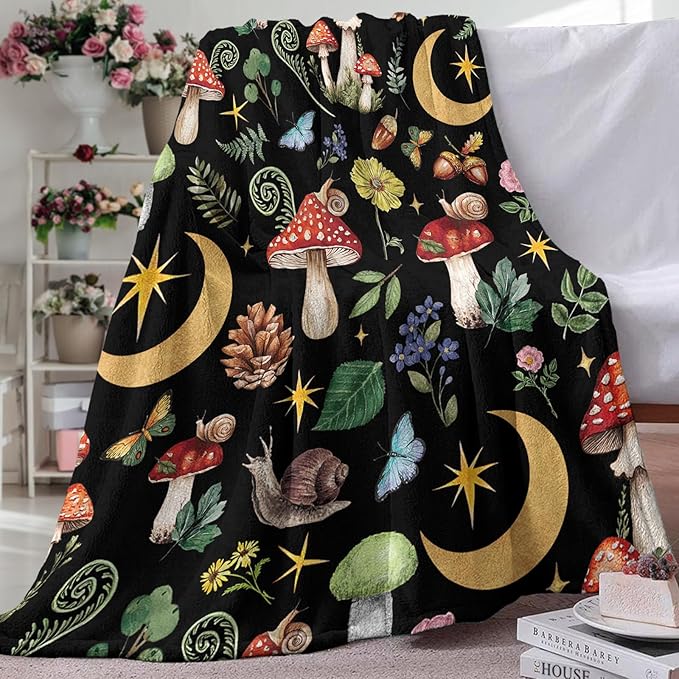 Mystical Forest Mushroom Flannel Throw Blanket, Fairy Tale Cottagecore Moon Star Men Women Adults Teen Kids Birthday Gifts, Witchy Boho Botanical Soft Blankets for Bedding Sofa 50" x 70"