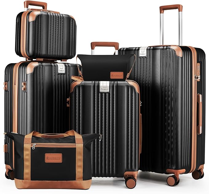 Luggage Set 6 Piece with Cup Holder,Hardshell TSA Lock Spinner Wheels Carry on Lightweight Suitcase，Hook and YKK Zippers for Valentine Gifts(Black, 6 piece sets（14/20/24/28/DB/TB）)