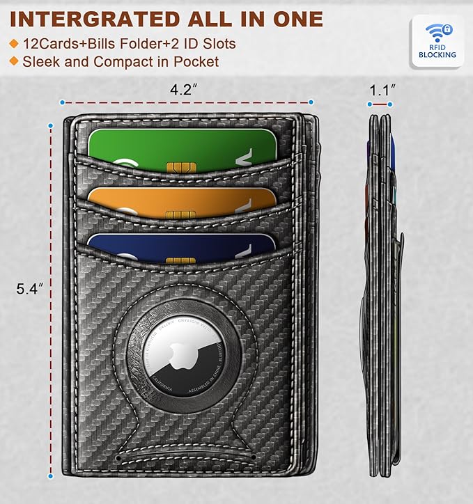 BULLIANT Men Airtag Wallet,Slim Wallet Money Clip Card Holder Magnetic Closure 12 Cards in Front Pocket RFID Blocking