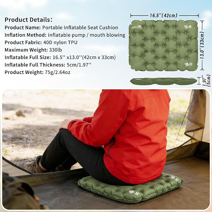 Inflatable Seat Cushion, Lightweight Camping Air Sitting Pad with Repair Cloths, Waterproof Air Cushion, Portable Air Seat Cushion for Climbing Hiking Office Airplane Car Stadium Seat