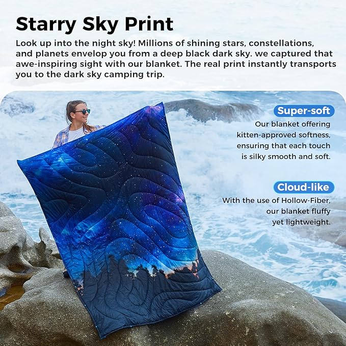 KingCamp Ultralight Camping Blanket, Packable Down Alternative Puffy Printed Wearable Blanket with Snap Buttons & Corner Loops Weatherproof Quilt for Outdoor Travel Stadium (78.7"L x 57.1"W)