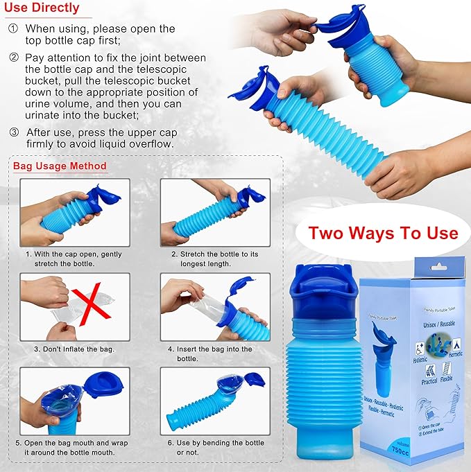 Pee Bottles For Men,Collapsible Urine Bottle With Disposable Replacement Bags,Car Pee Bottle For Men And Women,750ml,Leakproof, Emergency Urinal For Road Trips,Traffic Jams And Camping