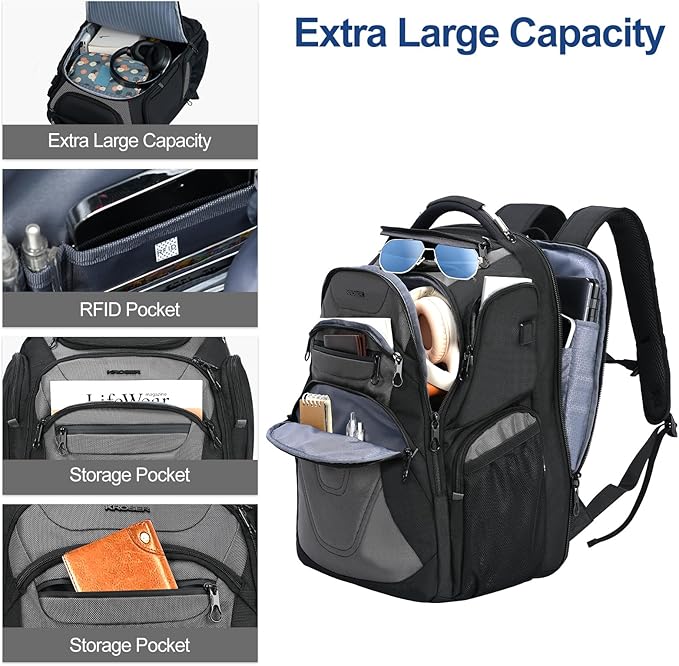 KROSER Friendly Travel Laptop Backpack 18.4 inch XXXL Gaming Backpack Water-Repellent College Daypack Business Backpack with RFID Pockets & USB Port for Men/Women-Black/Grey