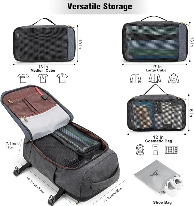 Tzowla 40L Canvas Expandable Travel Laptop Backpack for Men Women Carry on Flight Approved,Large Capacity Anti Theft Backpacks,Vintage Personal Item Bag Fit 17.3" Laptop(Black & Blue)