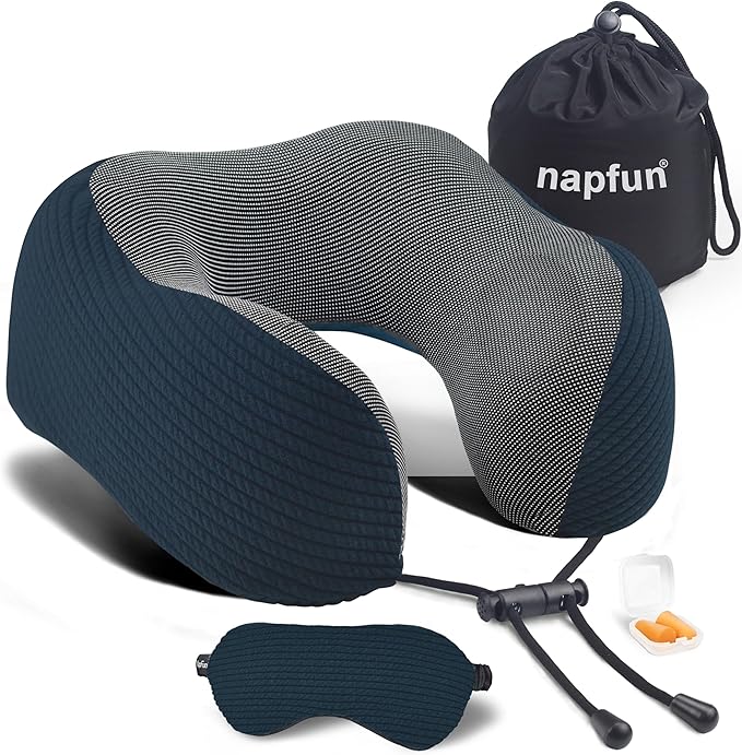 napfun Neck Pillow for Travel with Travel Pouch, Sleep Mask & Earplugs, Memory Foam Airplane Pillow for Headrest Sleep with Eyeshades, Plane Essentials with Eye Blindfold, Deep Blue Striped Kit