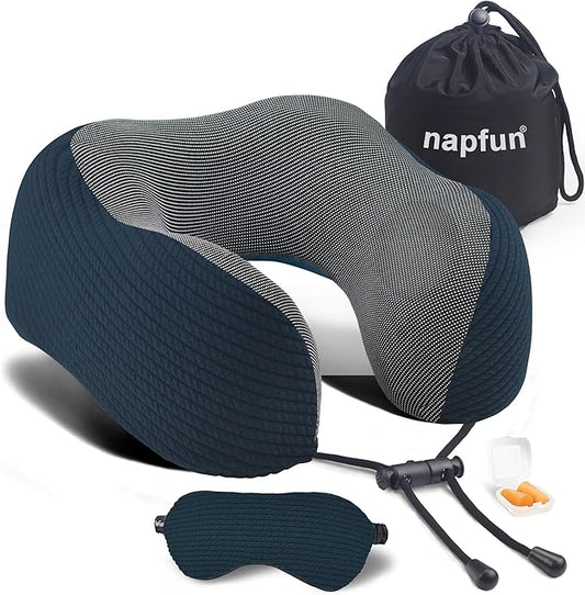 napfun Neck Pillow for Travel with Travel Pouch, Sleep Mask & Earplugs, Memory Foam Airplane Pillow for Headrest Sleep with Eyeshades, Plane Essentials with Eye Blindfold, Deep Blue Striped Kit