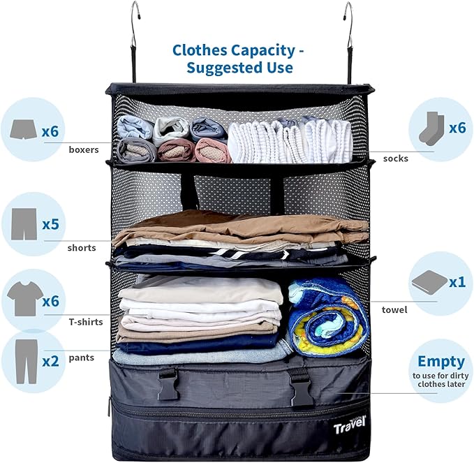 Grand Fusion Stow-N-Go Packing Organizer for Luggage, Portable Hanging Travel Shelves, Carry-On Closet, Hanging Packing Cubes, Collapsible Carry-On Organizer for Cruises & Hotels. Black - XL